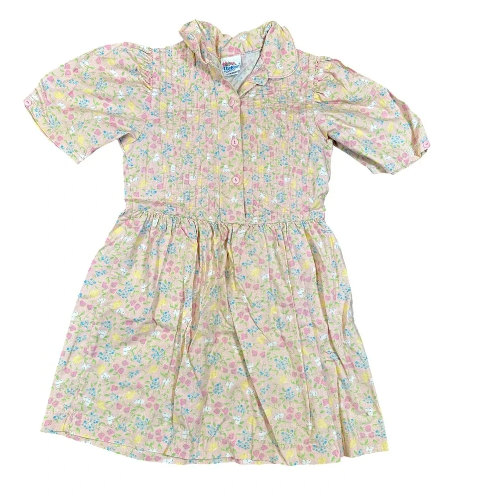 Vintage OshKosh Bgosh Girls Pink Floral Fruit Pintuck Cotton Dress Size 6X USA